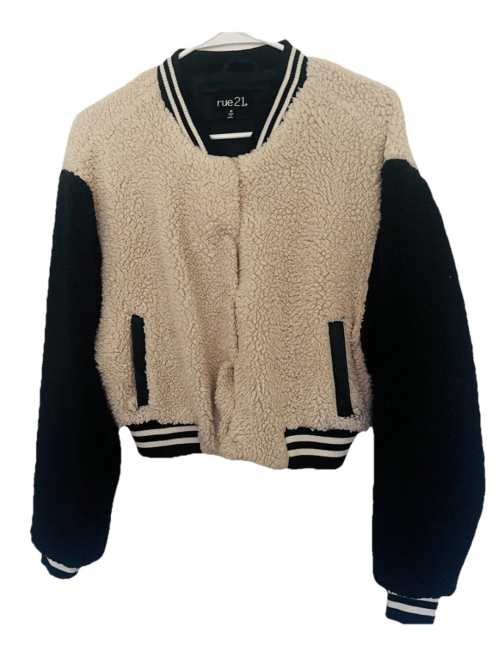 Rue 21 Ringer Bomber Jacket Women’s Medium Black Cream Two Tone Y2K Fuzzy Fleece